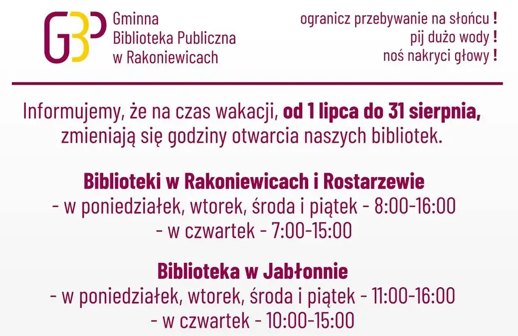 Wakacyjne godziny otwarcia bibliotek w gminie Rakoniewice