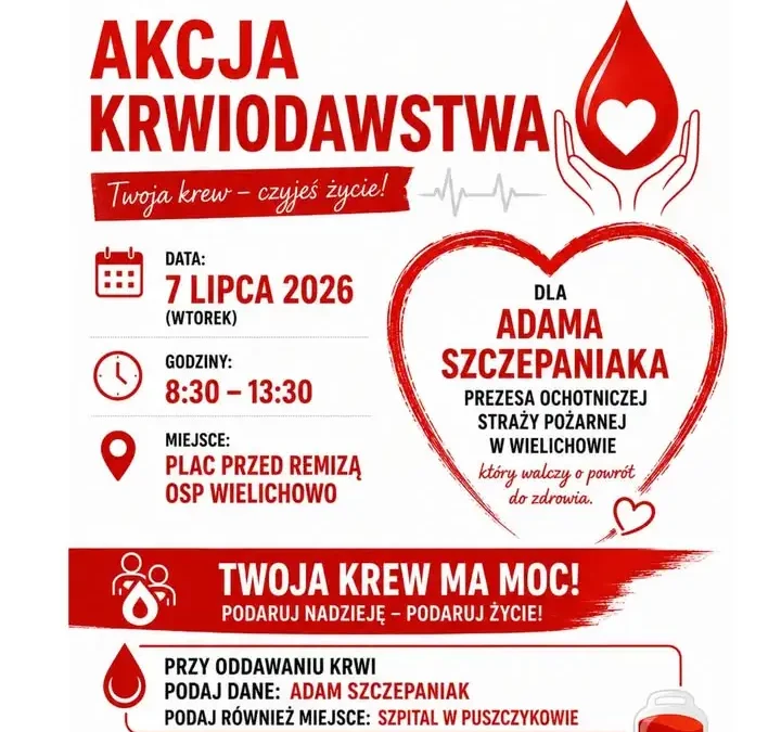 Strażacy z OSP Wielichowo organizują zbiórkę krwi dla swojego prezesa