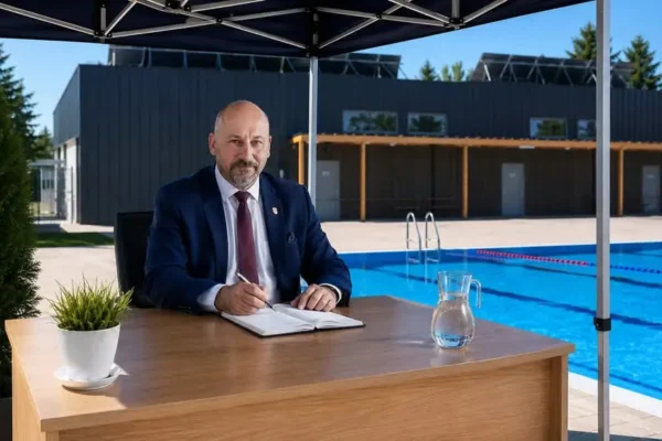 Burmistrz przyjmuje interesantów na basenie z powodu upałów