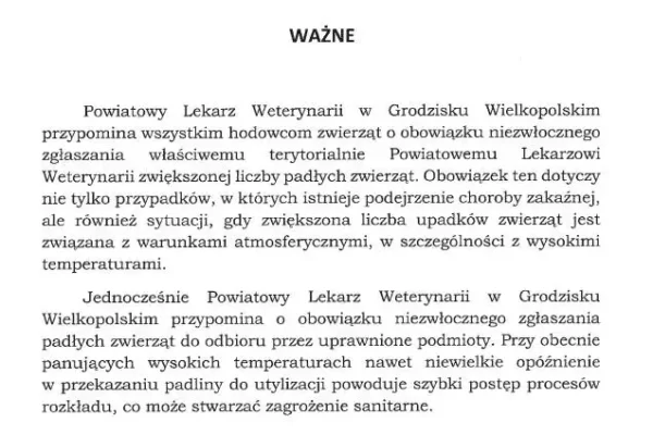 Powiatowy Lekarz Weterynarii w Grodzisku Wielkopolskim przypomina o obowiązku zgłaszania padłych zwierząt