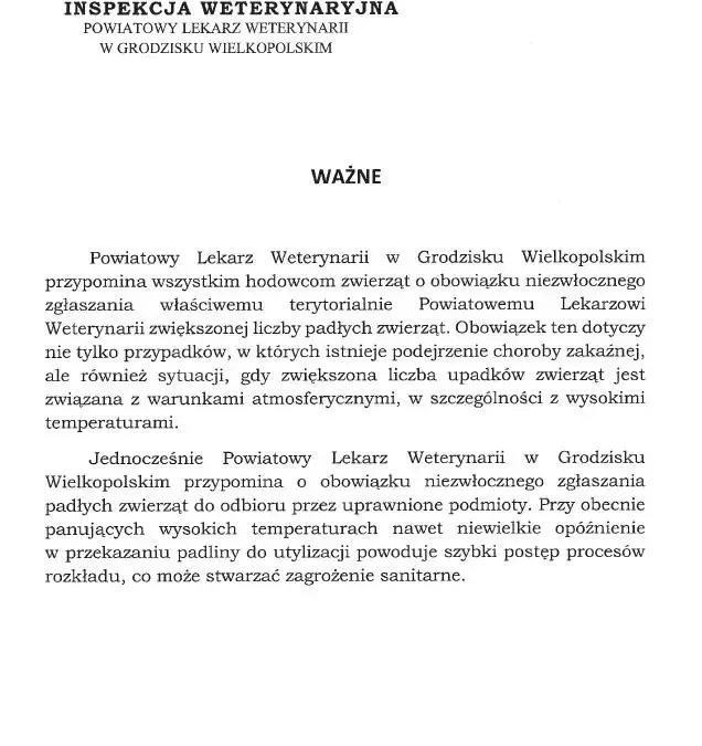 Powiatowy Lekarz Weterynarii w Grodzisku Wielkopolskim przypomina o obowiązku zgłaszania padłych zwierząt