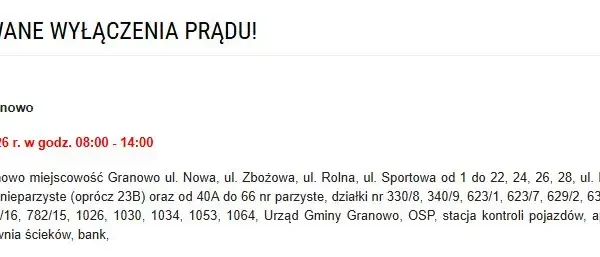 Planowane wyłączenia prądu w Gminie Granowo 11 lipca 2026