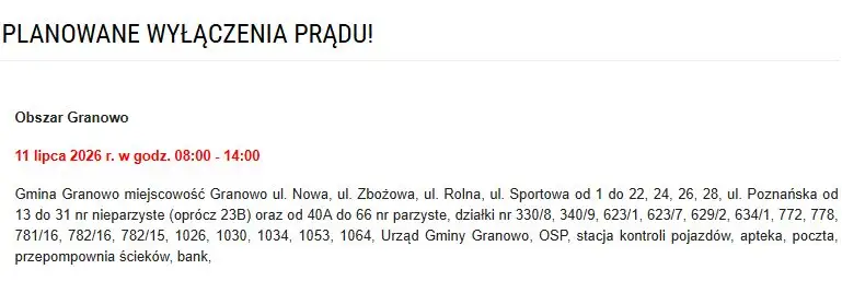 Planowane wyłączenia prądu w Gminie Granowo 11 lipca 2026