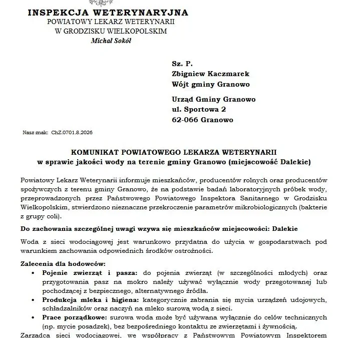 Jakość wody w Dalekiem: przekroczone parametry mikrobiologiczne – zalecenia dla hodowców