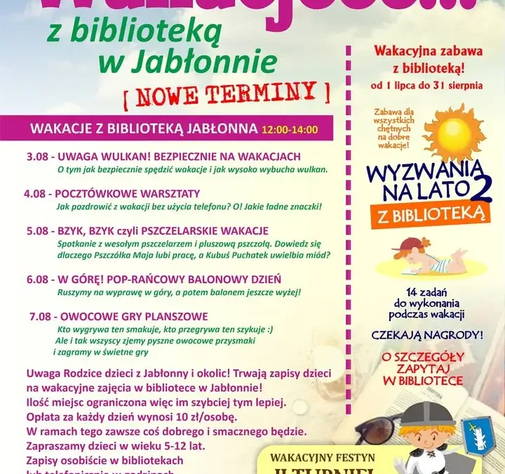 Wakacyjne zajęcia w bibliotece w Jabłonnie – nowe terminy i zapisy