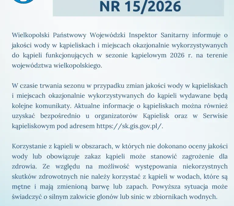 Jakość wody w wielkopolskich kąpieliskach – najnowszy komunikat sanepidu