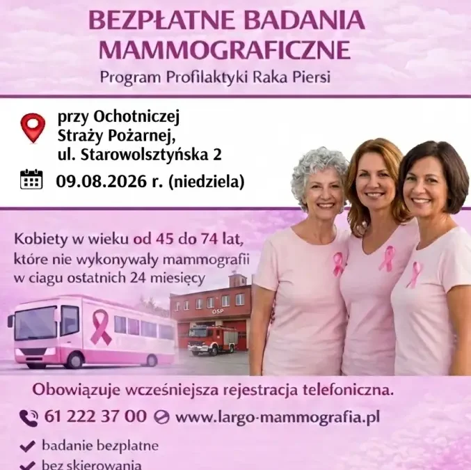 Bezpłatne badania mammograficzne w Rakoniewicach – 9 sierpnia 2026