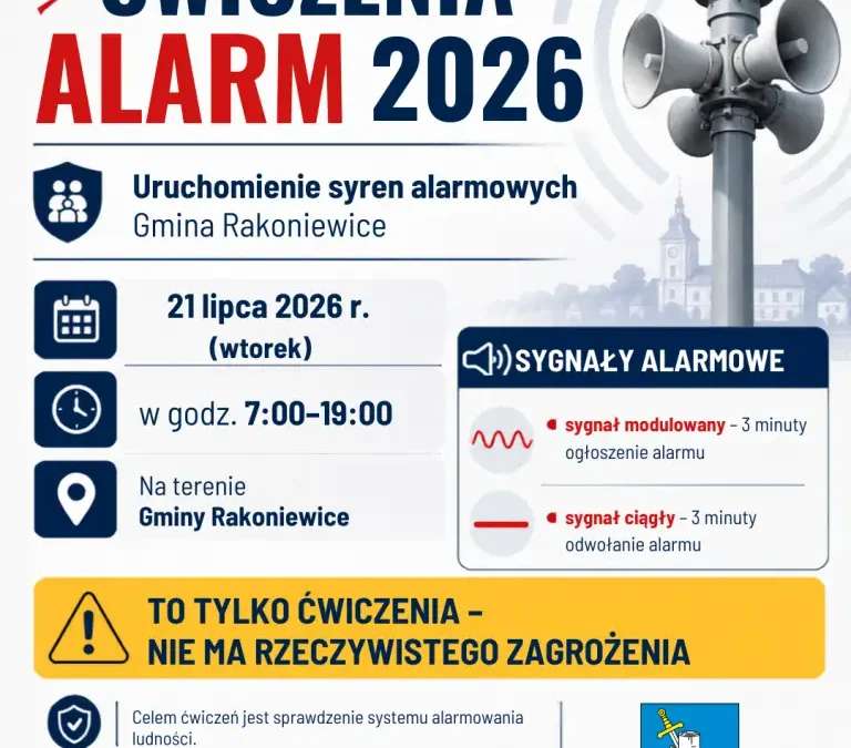 Ćwiczenia „ALARM 2026” w gminie Rakoniewice – 21 lipca zawyją syreny