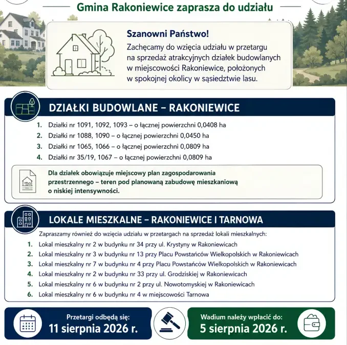 Gmina Rakoniewice ogłasza przetargi na działki i lokale mieszkalne