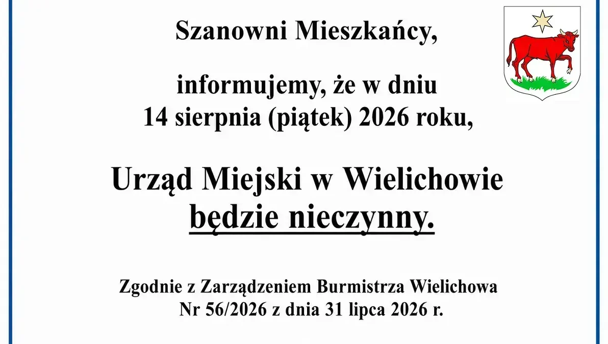 Urząd Miejski w Wielichowie nieczynny 14 sierpnia 2026