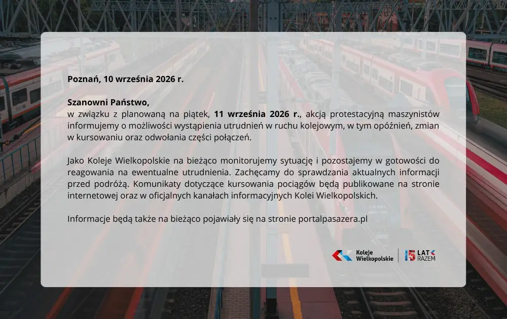 Protest maszynistów w Wielkopolsce – możliwe utrudnienia w ruchu kolejowym